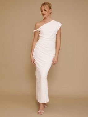 Six Stories Pearl Trim Twist Strap Maxi Dress - White